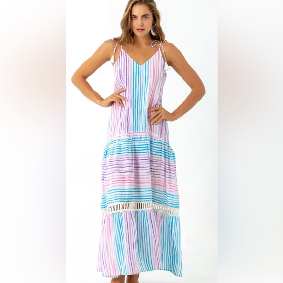 Bindu Dresses & Skirts - BINDU Angelica Size Small Turquoise and White Striped Maxi Dress Sundress